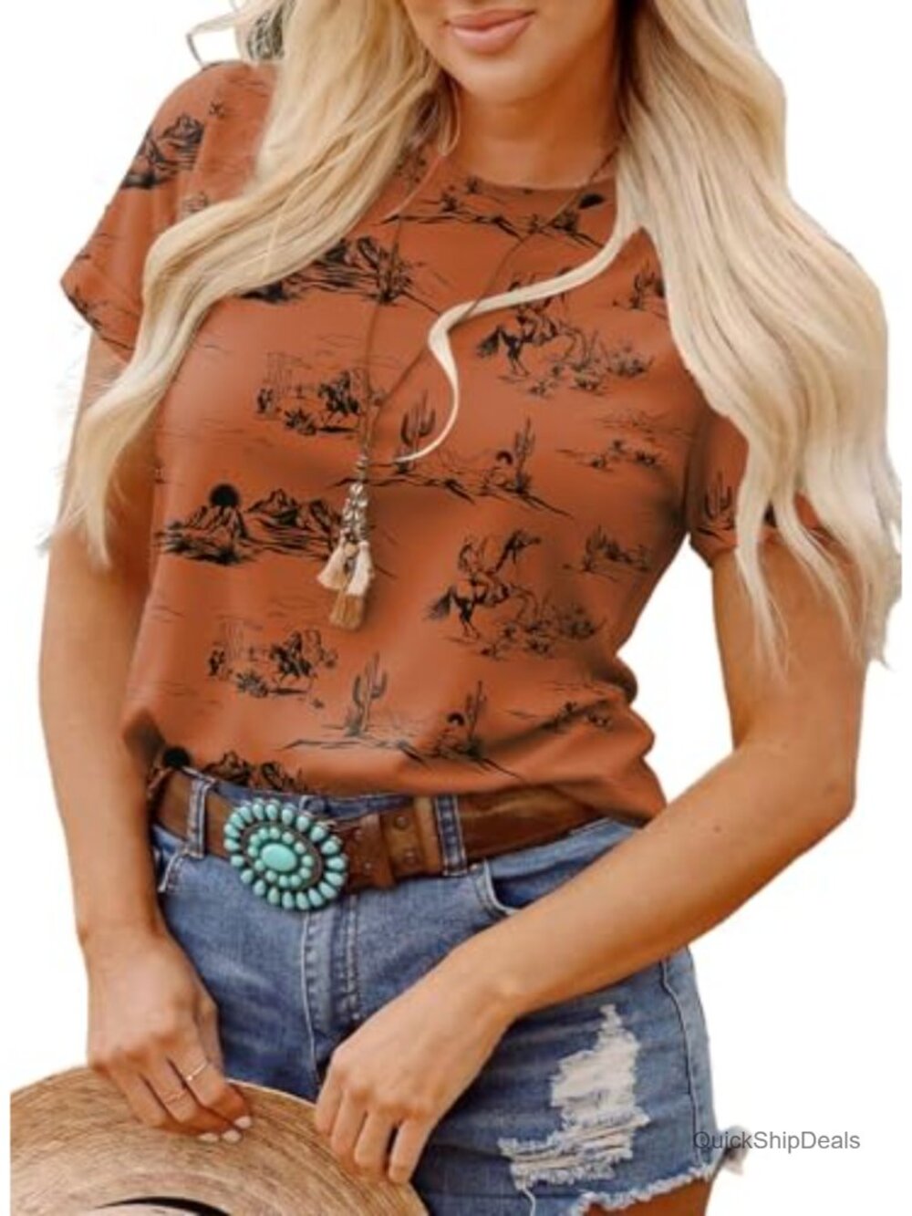 Women's Western Graphic Tee Short Sleeve Crew Neck Casual Top